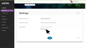 Student profile open to the Course Planner tab. The Settings window is open and the cursor is clicking the X next to a specialization to remove it.